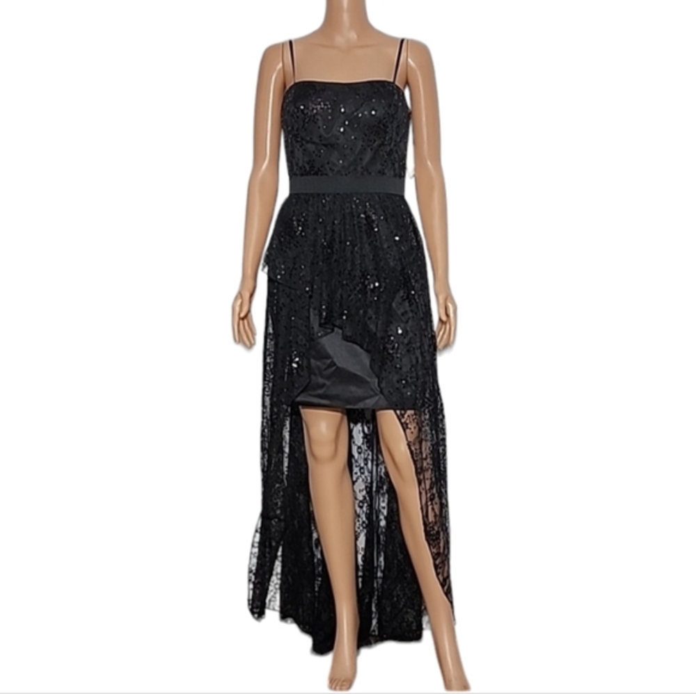 Aidan Mattox black high low sequin strapless dress lined flowy cocktail‎ Size 10